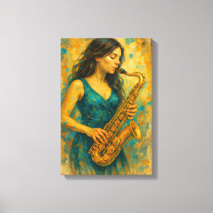 Lienzo Mujer jugando saxofón en colorido estilo abstracto