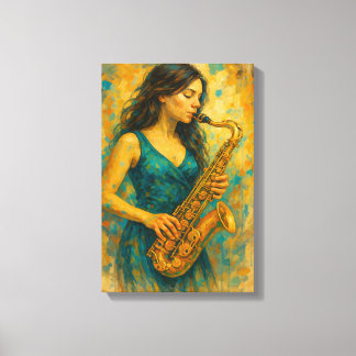 Lienzo Mujer jugando saxofón en colorido estilo abstracto