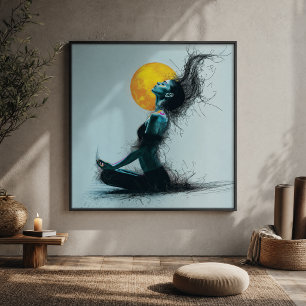 Lienzo Mujer Meditando Postura de Yoga de la Luna Dorada 