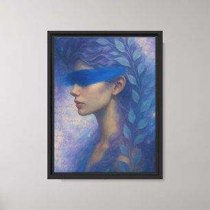 Lienzo Mujer mística con pincel azul y hojas