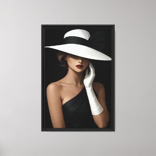 Lienzo Mujer moda con Gorra blanco y vestido negro