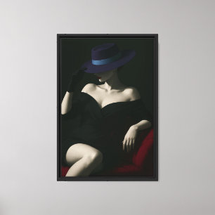 Lienzo Mujer moda vestida de negro con Gorra morado