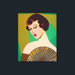 Lienzo Mujer moderna de estilo Art Deco con ventilador<br><div class="desc">Lienzo en un retrato moderno,  semi-abstracto,  inspirado en el Art Déco de una dama devota,  sosteniendo un ventilador,  contra un fondo de jade verde y dorado</div>