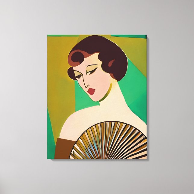 Lienzo Mujer moderna de estilo Art Deco con ventilador (Anverso)