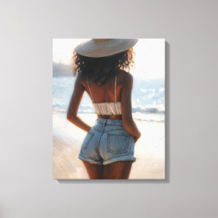 Lienzo Mujer negra en la playa usando Gorra de verano