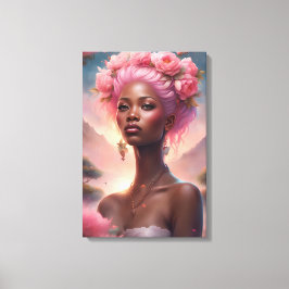 Lienzo Mujer negra en un jardín de flores rosadas
