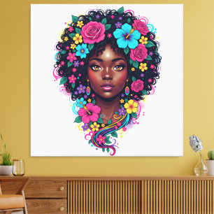 Lienzo Mujer negra profunda con afro adornado con flores 
