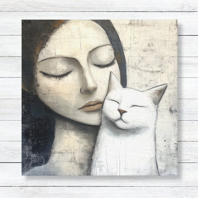Lienzo Mujer neutral y gato (Neutral Woman with Cat Canvas Print - Living Room Bedroom Wall Art)