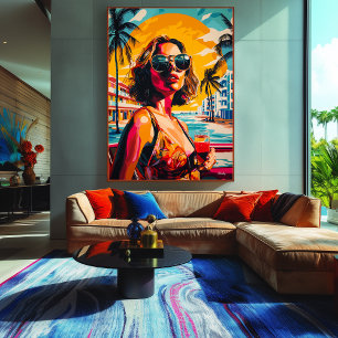 Lienzo Mujer Pop Art en Vibraciones de Puesta de Sol Trop