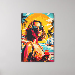 Lienzo Mujer Pop Art en Vibraciones de Puesta de Sol Trop