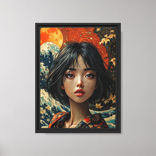 Lienzo Mujer psicodélica japonesa - Luna y ola
