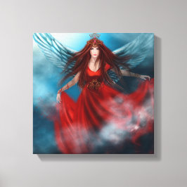 Lienzo Mujer reina con alas vestidas de rojo en las nubes
