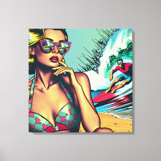 Lienzo Mujer retro rubia y hombre surfista (Anverso)