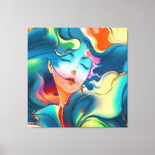 Lienzo Mujer serena soñadora en colores azules