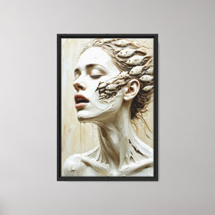 Lienzo Mujer surrealista con peces y esculpidos
