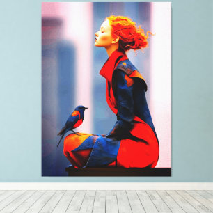 Lienzo Mujer Surrealista y Pájaro Elegante Cabello Rojo F