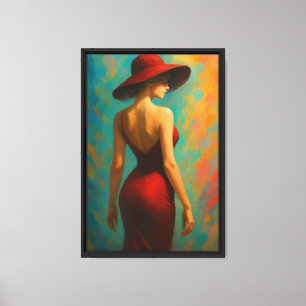 Lienzo Mujer vestida de rojo con Gorra de fondo colorido