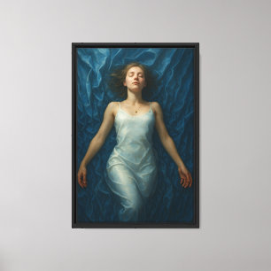 Lienzo Mujer vestida de seda con una cama de satén azul