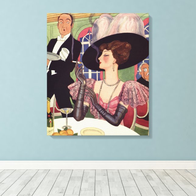 Lienzo Mujer Vintage Fumando Cigarrillo Bebiendo Champán (Insitu (piso de madera))