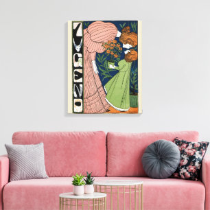 Lienzo Mujer y niña Art Nouveau vintage con vestido verde
