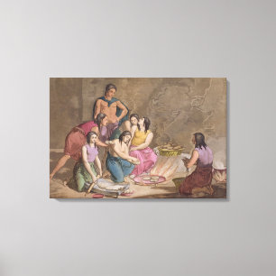 Lienzo Mujeres aztecas haciendo pan de maíz, México, de '