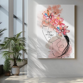 Lienzo Mujeres Face line art con flor frangipani rosa