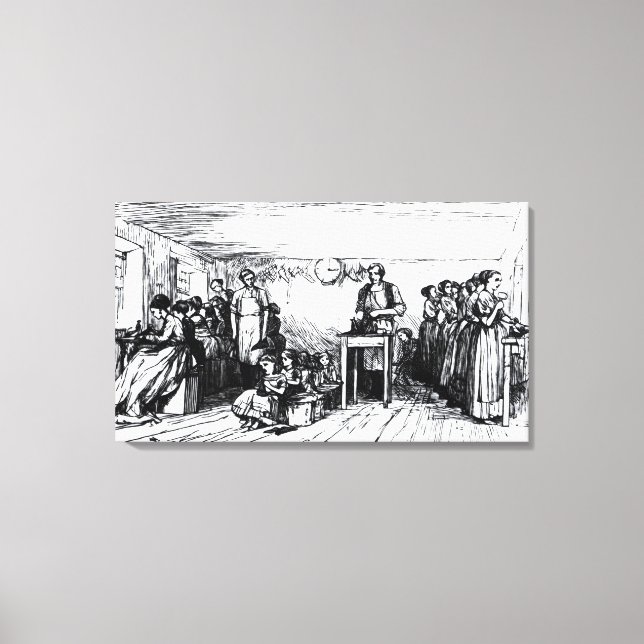 Lienzo Mujeres y niños haciendo zapatos (Anverso)