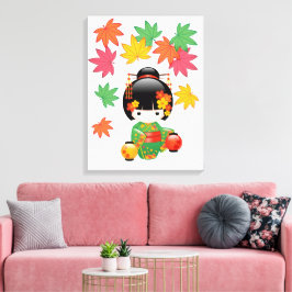 Lienzo Muñeca Kokeshi de Otoño - Geisha con Kimono Verde