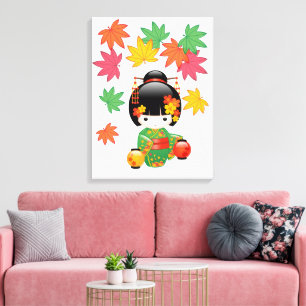 Lienzo Muñeca Kokeshi de Otoño - Geisha con Kimono Verde