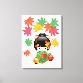 Lienzo Muñeca Kokeshi de Otoño - Geisha con Kimono Verde