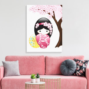 Lienzo Muñeca Kokeshi de Primavera - Linda Chica Geisha J