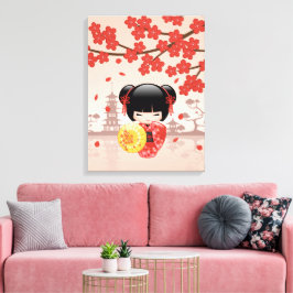 Lienzo Muñeca Kokeshi de Sakura Roja - Geisha Japonesa