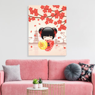 Lienzo Muñeca Kokeshi de Sakura Roja - Geisha Japonesa
