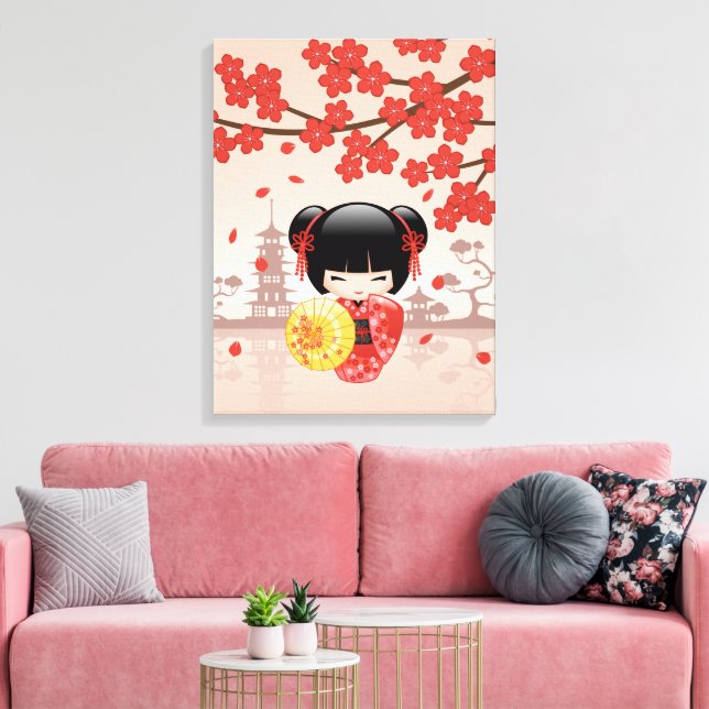 Lienzo Muñeca Kokeshi de Sakura Roja - Geisha Japonesa (Insitu (Sala de estar))