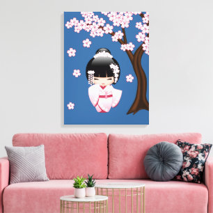 Lienzo Muñeca Kokeshi Kawaii de Kimono Rosa sobre Azul