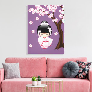 Lienzo Muñeca Kokeshi kimono blanca - Chica Geisha lindo