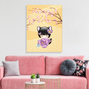 Lienzo Muñeca Kokeshi Neko - Chica Geisha con Orejas de G