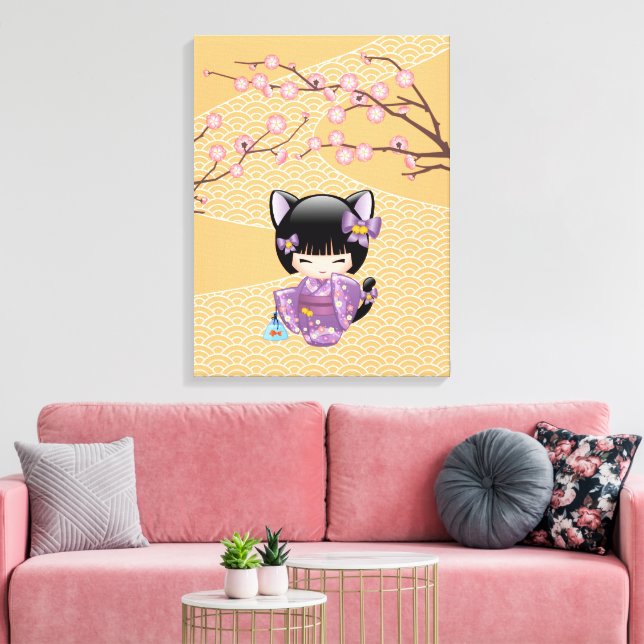 Lienzo Muñeca Kokeshi Neko - Chica Geisha con Orejas de G (Insitu (Sala de estar))
