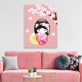 Lienzo Muñeca Kokeshi primavera - Geisha japonesa suave e