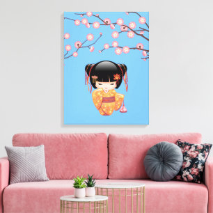 Lienzo Muñeca Kokeshi Ume - Geisha Japonesa Azul
