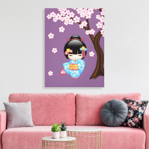 Lienzo Muñeca Maiko Kokeshi - Niña Geisha de Kimono Azul