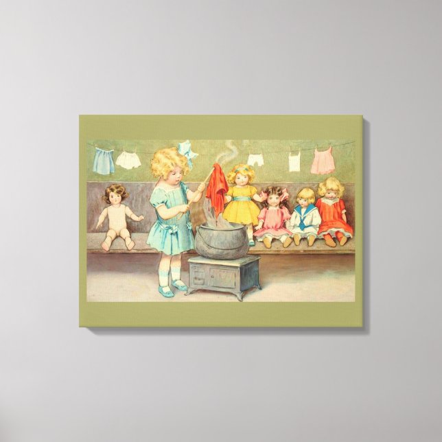 Lienzo Muñeca niña de lavandería vintage jugando muñecas  (Anverso)