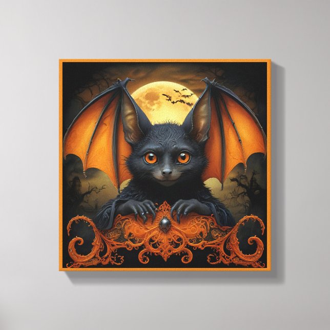 Lienzo murciélago de halloween naranja y negro (Anverso)