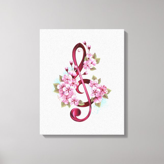 Lienzo Musical treble clef notes with Sakura flowers (Anverso)