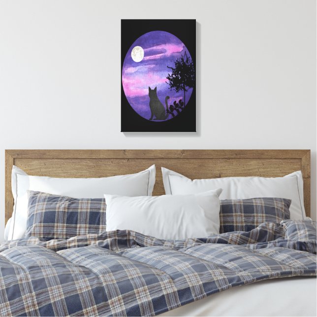 Lienzo Mystical Cat Under Moon – Dreamy Purple Night Wate (Insitu(Dormitorio))