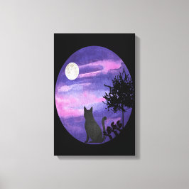 Lienzo Mystical Cat Under Moon – Dreamy Purple Night Wate
