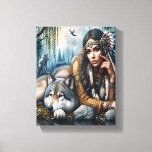 Lienzo Mystical Una Mujer Nativa Estadounidense Con Lobos