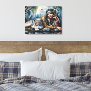 Lienzo Mystical Una Mujer Nativa Estadounidense Con Lobos