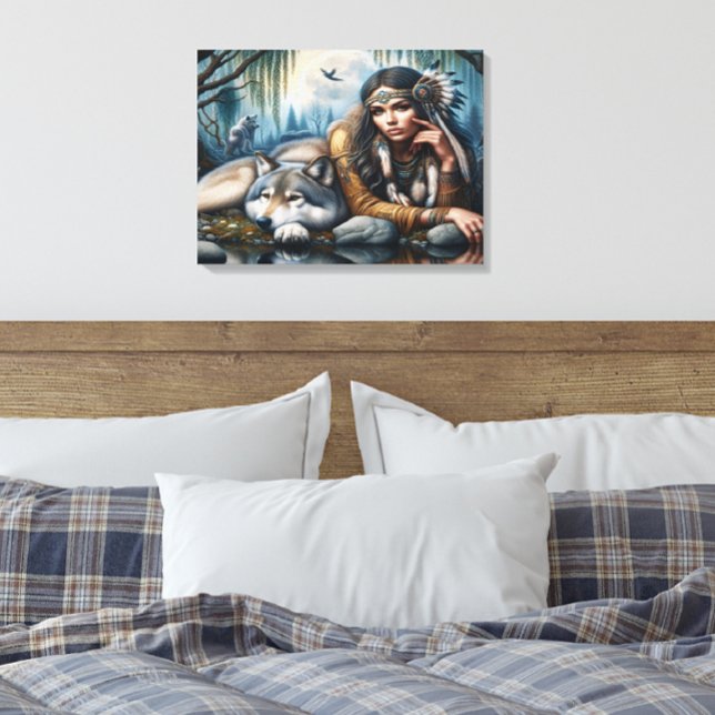 Lienzo Mystical Una Mujer Nativa Estadounidense Con Lobos (Subido por el creador)