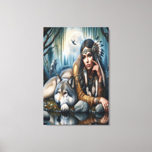Lienzo Mystical Una Mujer Nativa Estadounidense Con Lobos